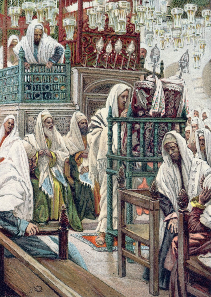 يسوع يسجّل الكتاب في الكنيس ، رسم توضيحي لـ "La Vie de notre Seigneur Jesus-Christ" ، نُشر في Tours 1896 بواسطة جيمس جاك جوزيف تيسو