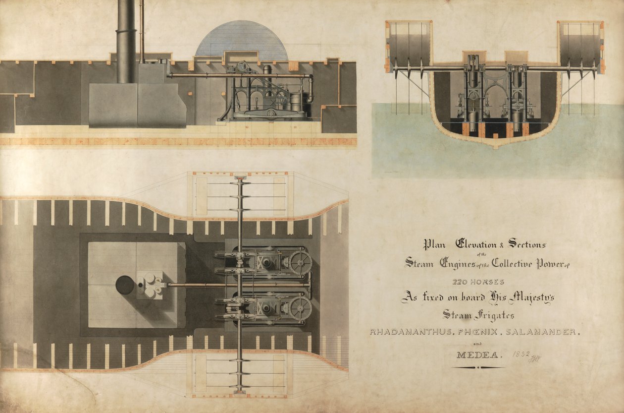 محرك بخاري بحري ، 1832 (قلم وحبر ومرحاض على ورق) بواسطة جيمس هول نسميث