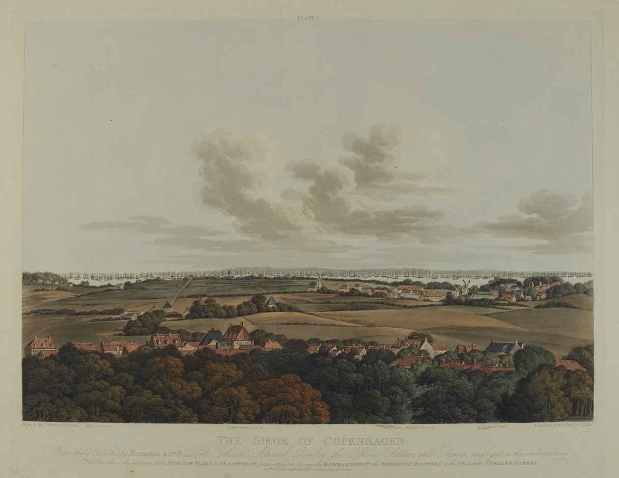 الدنمارك 1807: حصار كوبنهاغن ، نقشه روبرت بولارد (1792-1867) وجوزيف قسطنطين ستادلر (1780-1812) نُشر عام 1807 (ألوان مائية) بواسطة جيمس باتيسون كوكبيرن