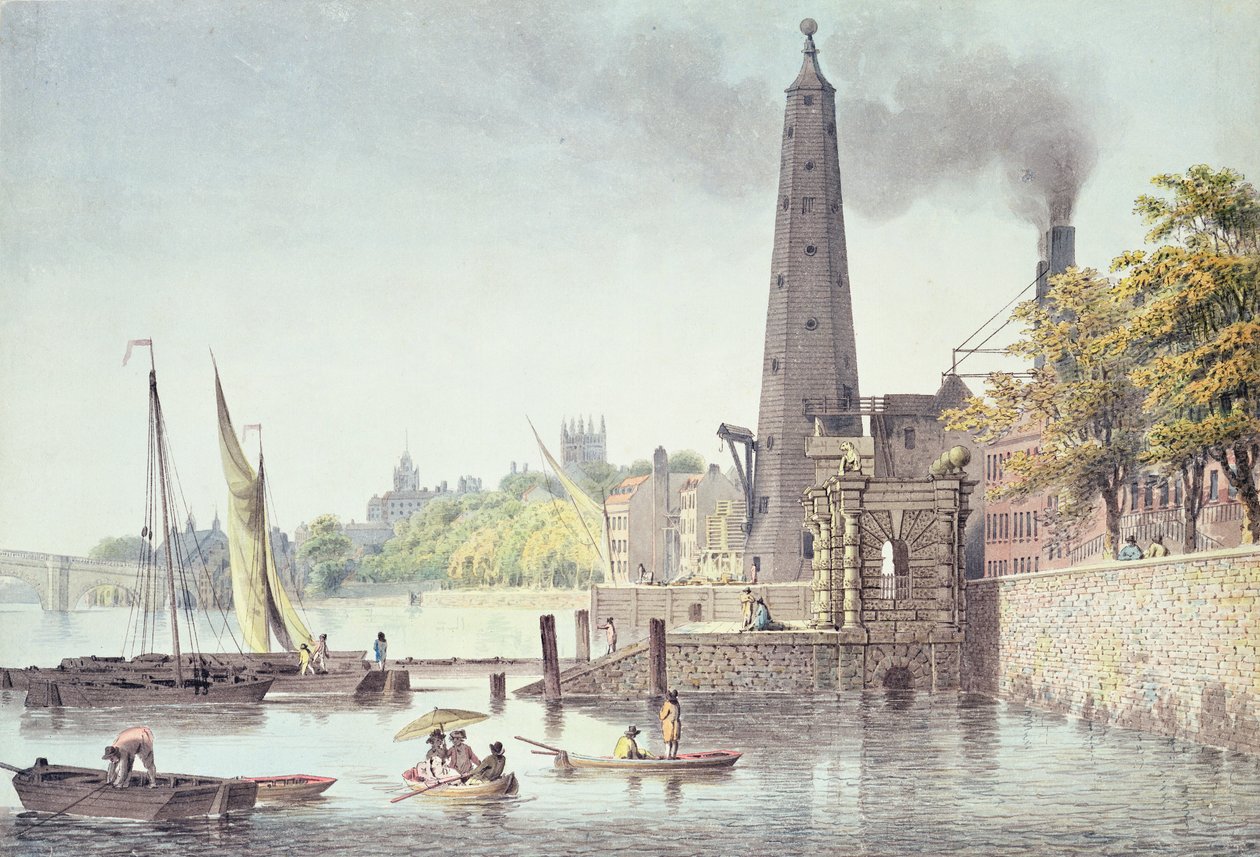 مباني يورك ، تطل على وستمنستر ، مع إطلالة على برج المياه ، 1797 (نقش ملون) بواسطة جيمس بيلر مالكولم