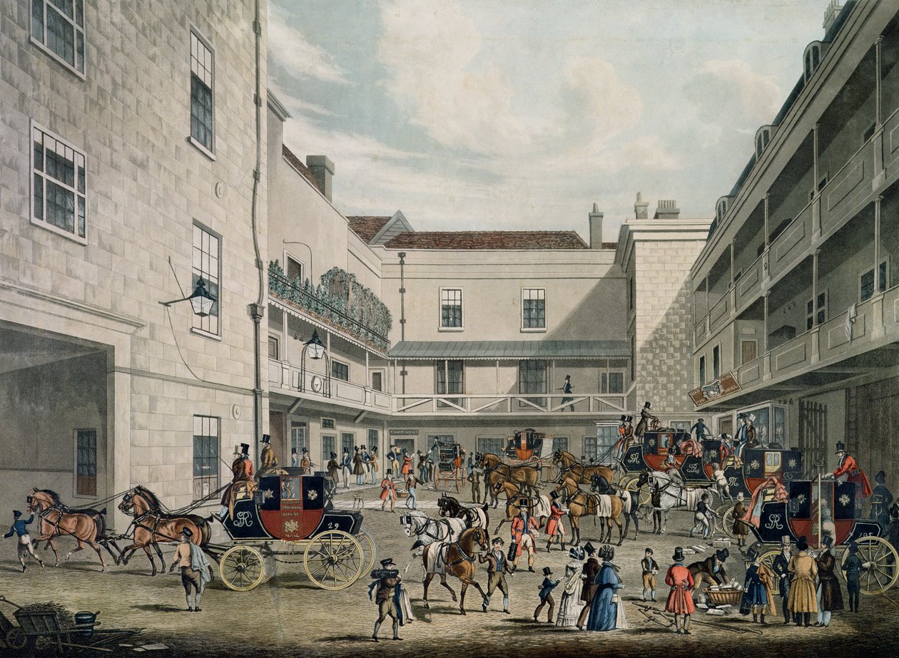مدربو البريد الملكي يغادرون البجعة مع اثنين من Necks Inn ، Lad Lane ، منقوش بواسطة F. Rosenberg ، 1831 بواسطة جيمس بولارد