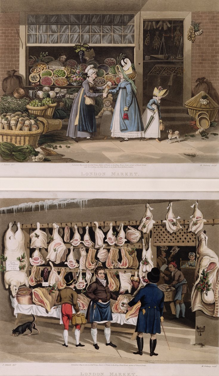 The Meat Stall و Fruit Stall من أسواق لندن ، نقشها M.Dubourg ، 1822 بواسطة جيمس بولارد