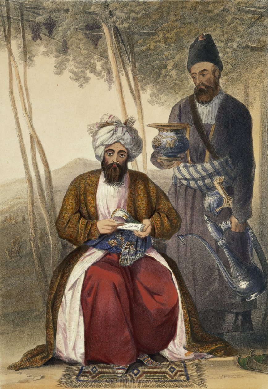 Mahmmed Naib Shurreef ، رئيس كوزيلباخ المشهور في Caubul و Peshkhidmut أو رئيسه ، اللوحة 15 من "Scenery، Inhabantants and Costumes of Afghanistan" ، نقشها روبرت كاريك (c.1 بواسطة جيمس راتراي