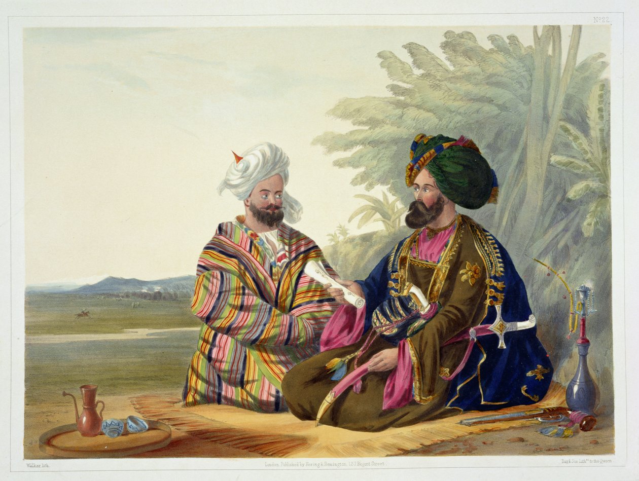 لوحة Meerz Fyze ، أو Oosbeg Elchee ، أو السفير ، اللوحة 22 من "Scenery، Inhabantants and Costumes of Afghanistan" ، نقشها E. Walker ، 1848 بواسطة جيمس راتراي