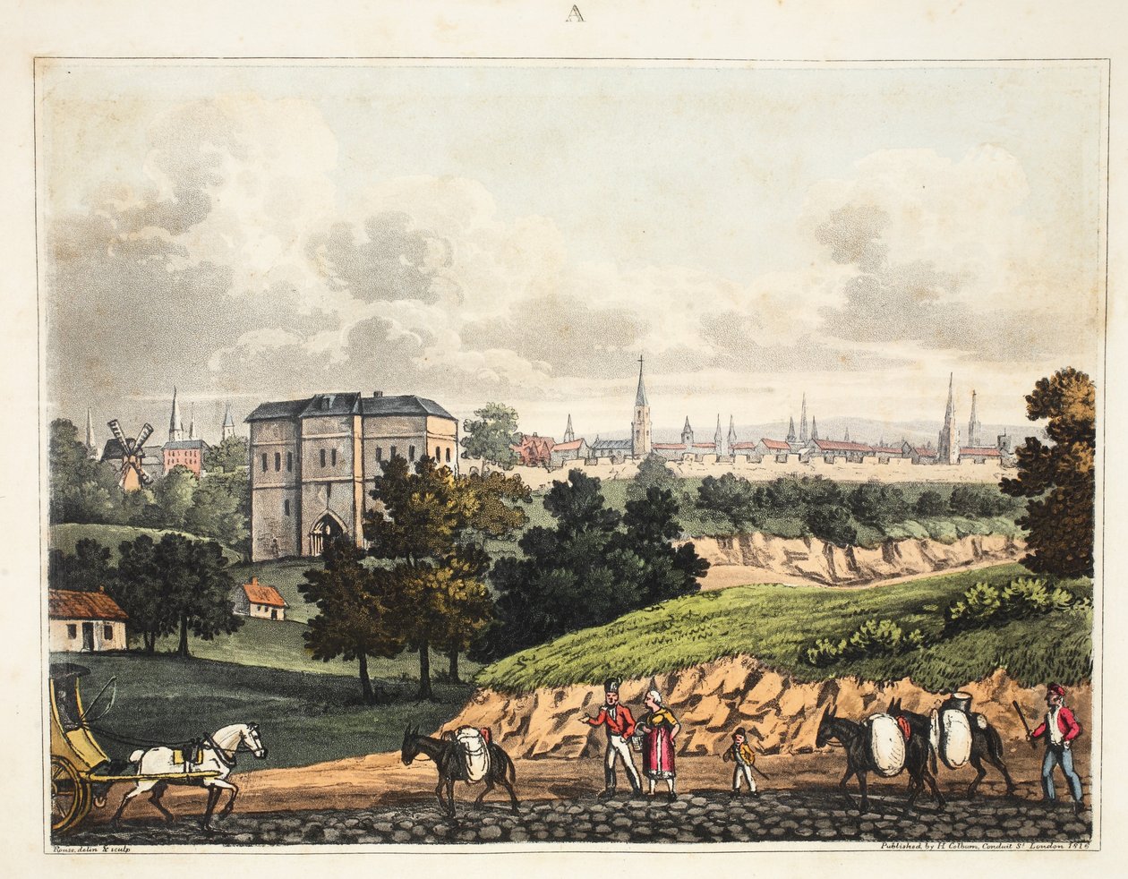 مدينة بروكسل ، من مدخل Foret de Soigne ، مع الحاجز ، حانة H. Colburn ، 1816 بواسطة جيمس روس