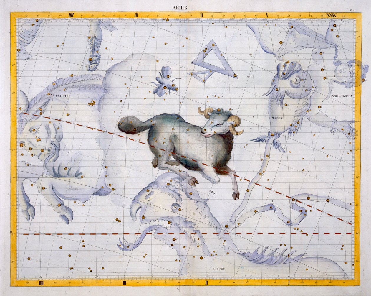 كوكبة برج الحمل ، اللوحة 4 من "أطلس كويليستيس" ، بقلم جون فلامستيد (1646-1710) ، نُشر عام 1729 (نقش ملون باليد) بواسطة جيمس ثورنهيل