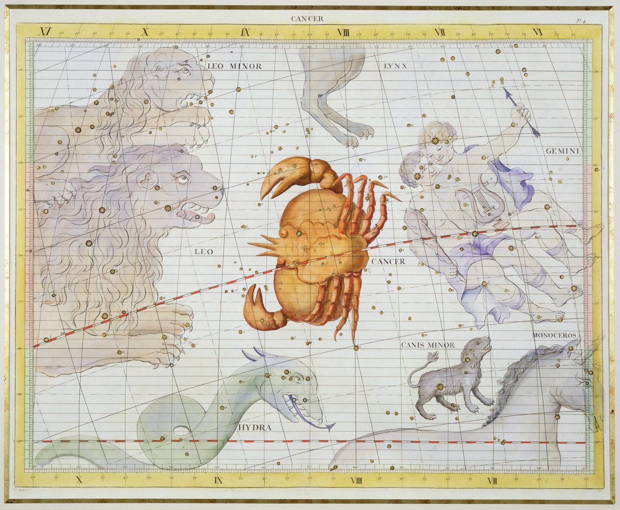 كوكبة السرطان ، اللوحة 4 من "أطلس Coelestis" ، بقلم جون فلامستيد (1646-1710) ، نشر في 1729 (نقش ملون باليد) بواسطة جيمس ثورنهيل