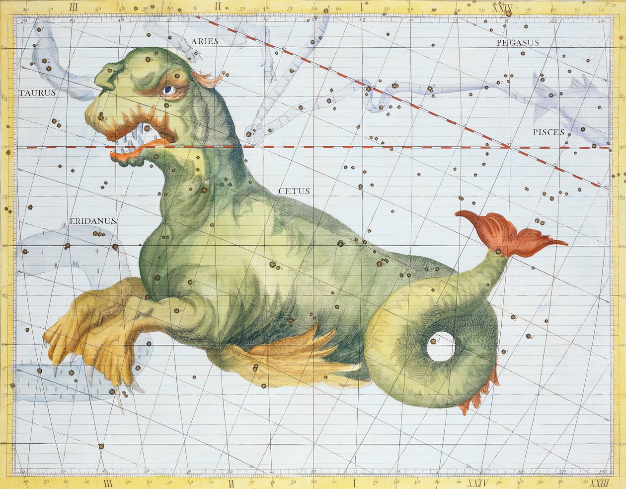 كوكبة Cetus الحوت ، من "أطلس Coelestis" بقلم جون Flamsteed (1646-1719) ، حانة. عام 1729 (نقش يدوي) بواسطة جيمس ثورنهيل