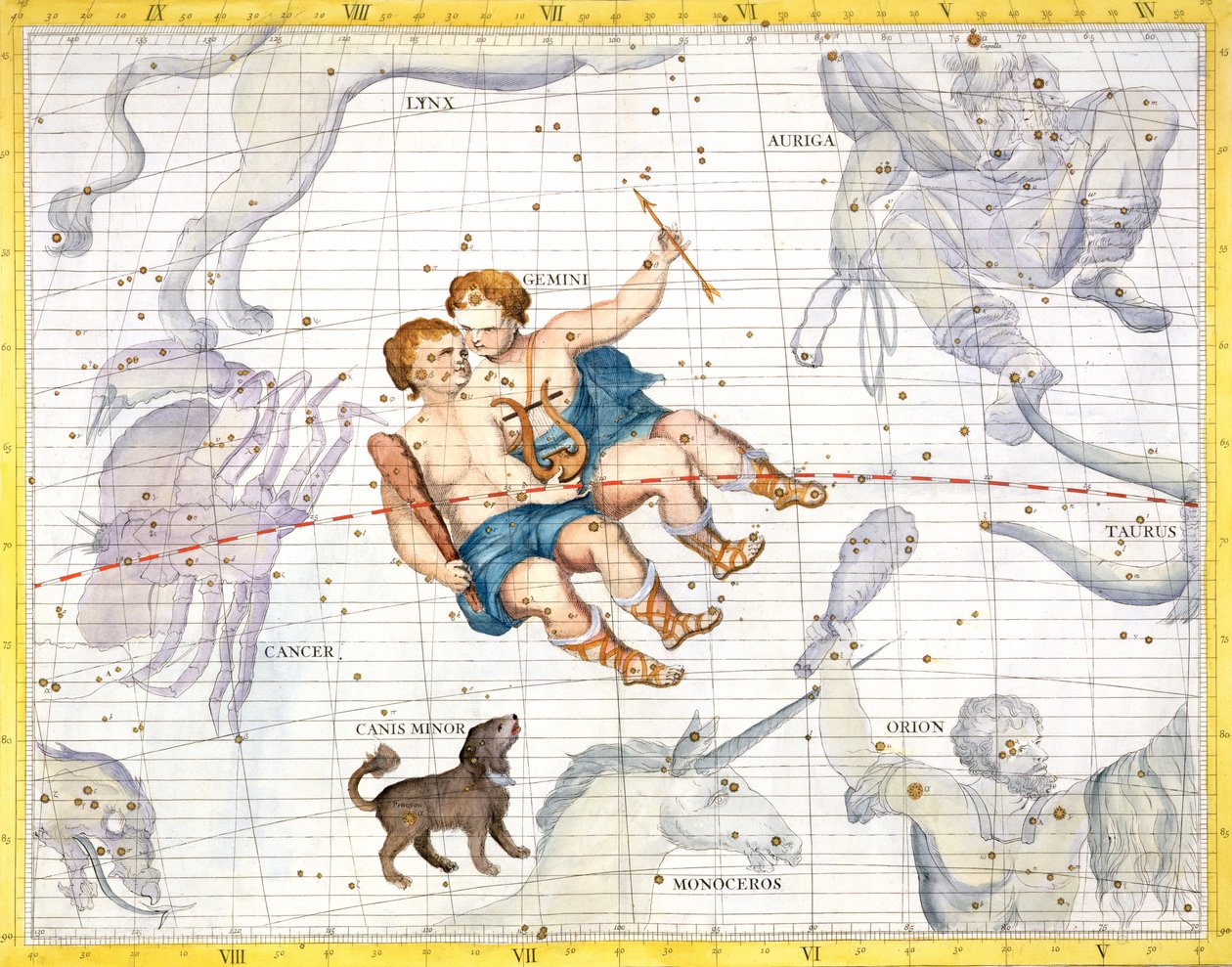 كوكبة الجوزاء مع Canis Minor ، اللوحة 13 من "Atlas Coelestis" ، بقلم جون فلامستيد (1646-1710) ، نشر 1729 (نقش ملون باليد) بواسطة جيمس ثورنهيل