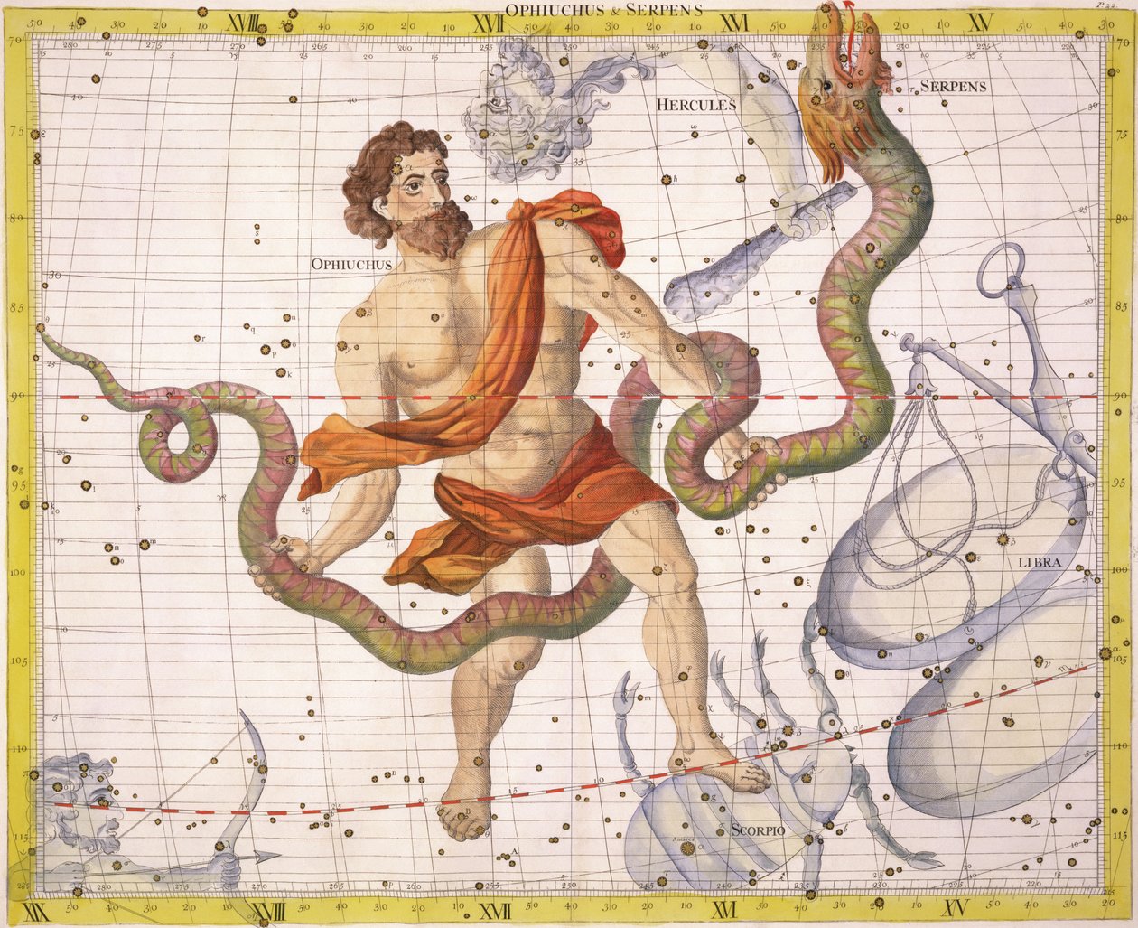 كوكبة Ophiucus و Serpens ، اللوحة 22 من "Atlas Coelestis" ، بقلم جون فلامستيد (1646-1710) ، نشر في 1729 (نقش ملون باليد) بواسطة جيمس ثورنهيل