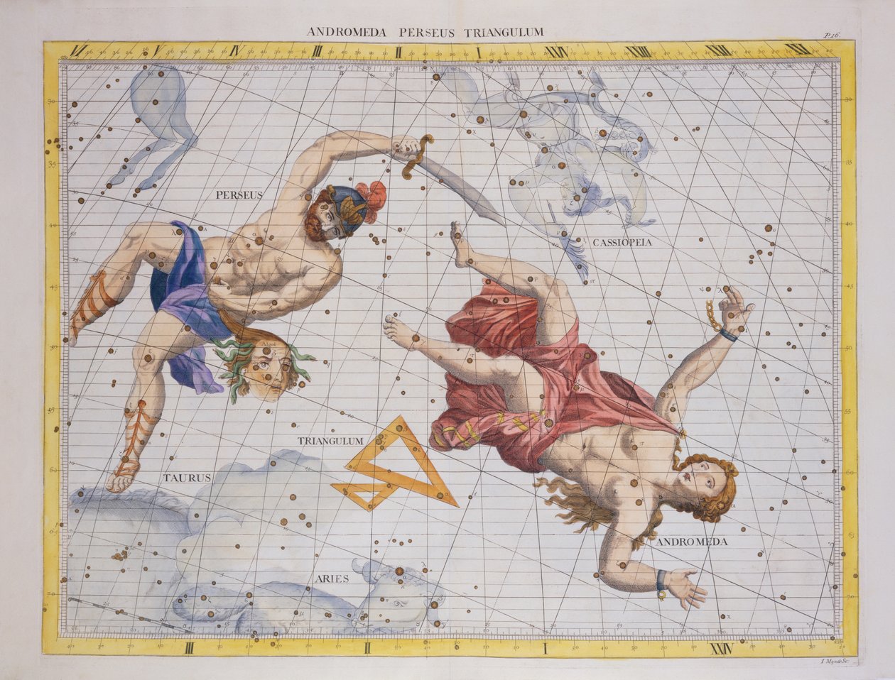 كوكبة Perseus و Andromeda ، من "Atlas Coelestis" ، بقلم جون Flamsteed (1646-1719) ، حانة. عام 1729 (نقش يدوي) بواسطة جيمس ثورنهيل
