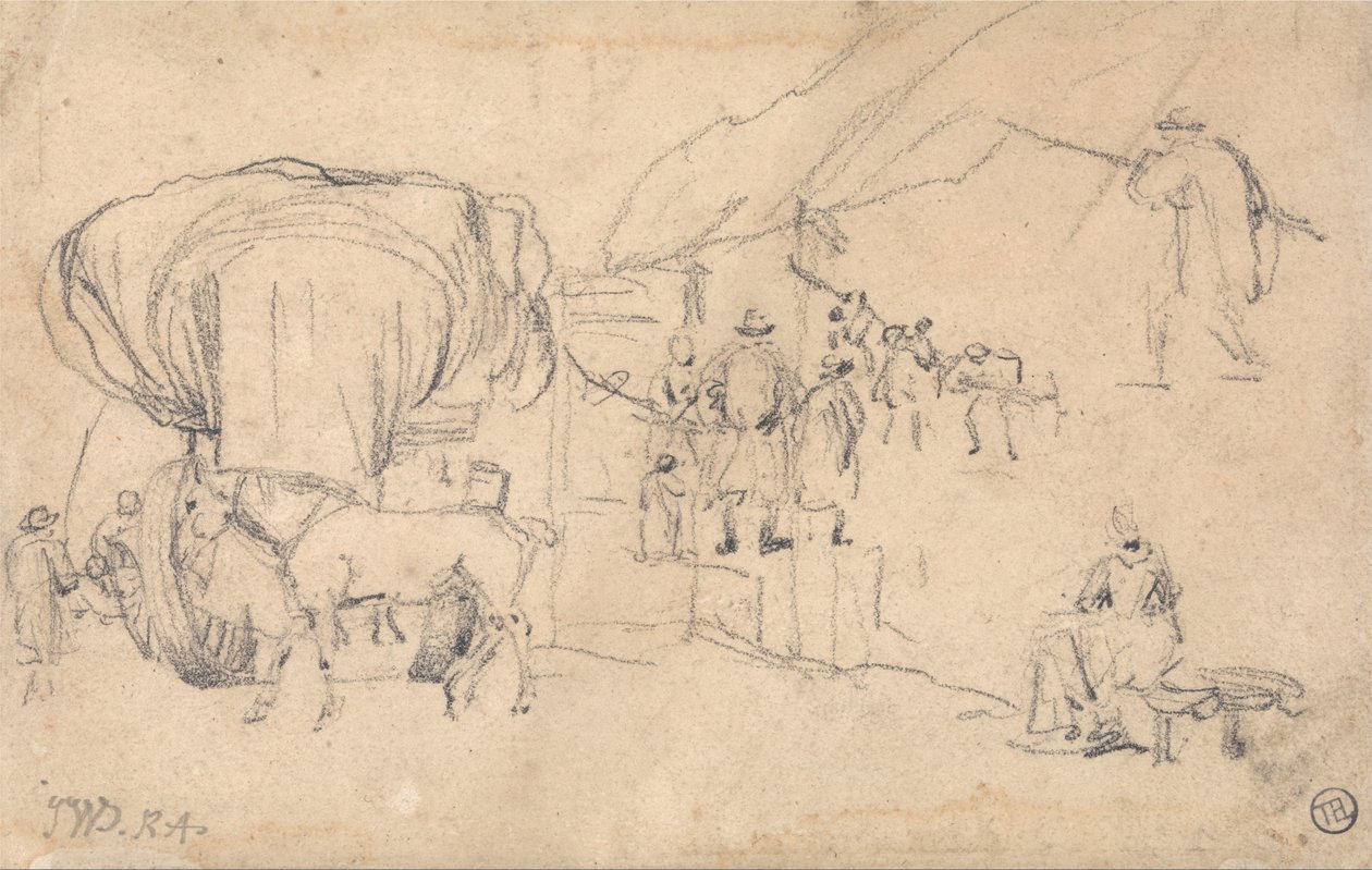 ورقة من الرسومات - عربة ، حصان ، Milkmaid ودراسات شخصية أخرى بواسطة جيمس وارد