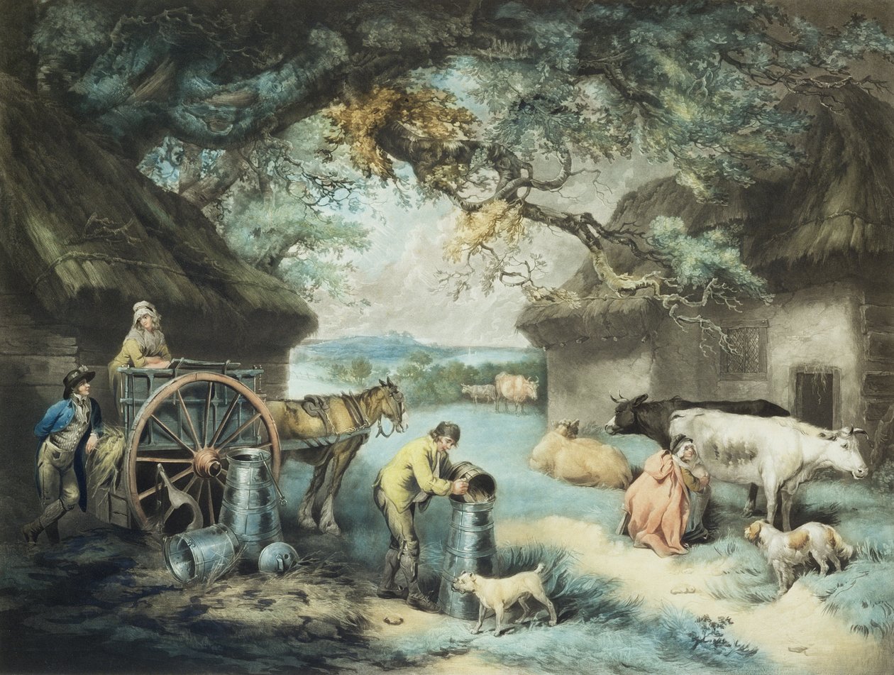 مزرعة الألبان ، نقشها الفنان ، الحانة. بواسطة R. Ackermann ، 1801 (نقش mezzotint) بواسطة جيمس وارد
