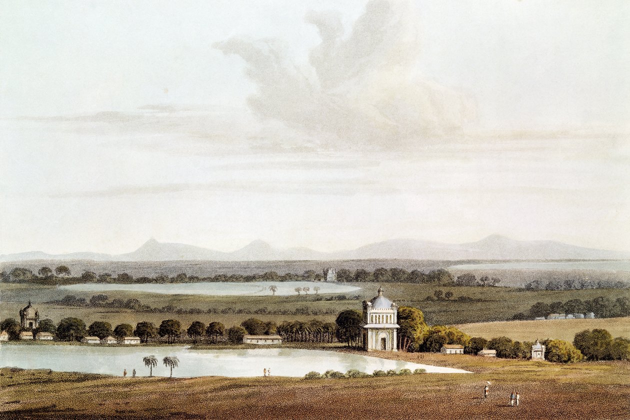 المنظر الثاني باتجاه الشمال من معبد بالقرب من Conjeveram ، من "Journal of a Voyage in 1811 and 1812 to Madras and China" ، منقوش بواسطة J. Clark ، تم نشره عام 1814 (aquatint والنقش) بواسطة جيمس واثين