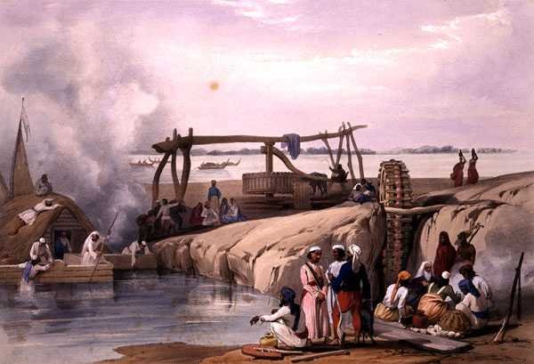 مشهد على نهر سوتليدج ، في البنجاب ، من "اسكتشات في أفغونستان" ، نقشها تشارلز هاجي (1810-188) ولويس هاغي (1806-1885) نشره هنري جريفز بواسطة جيمس (بعد) أتكينسون