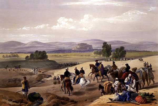 مقاربة قلعة كويتاح ، من "رسومات تخطيطية في أفغونستان" ، نقشها تشارلز هاجي (1810-188) ولويس هاغي (1806-1885) نشره هنري جريفز بواسطة جيمس (بعد) أتكينسون