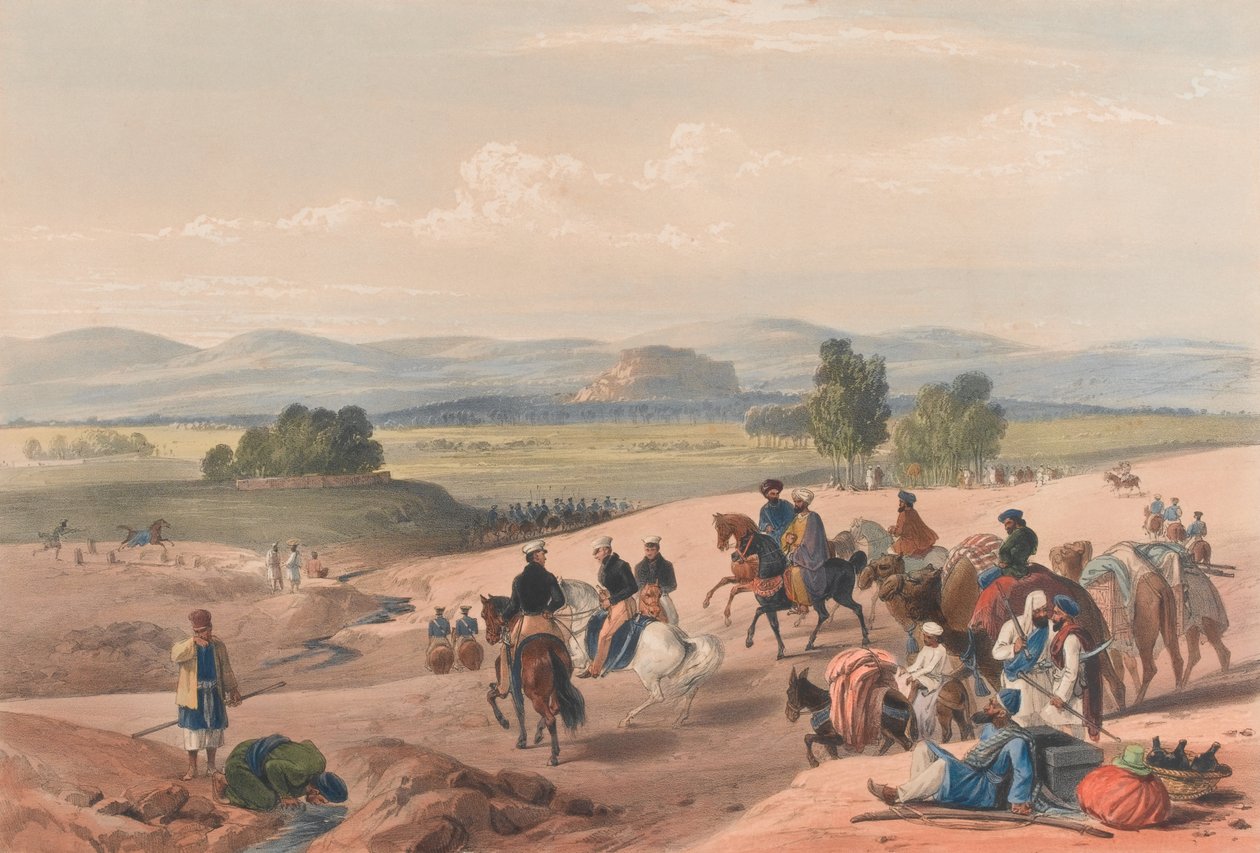 "الاقتراب من قلعة الكويتة [كذا]" ، حوالي عام 1839 (مطبوعة حجرية ، ملونة) بواسطة جيمس (بعد) أتكينسون
