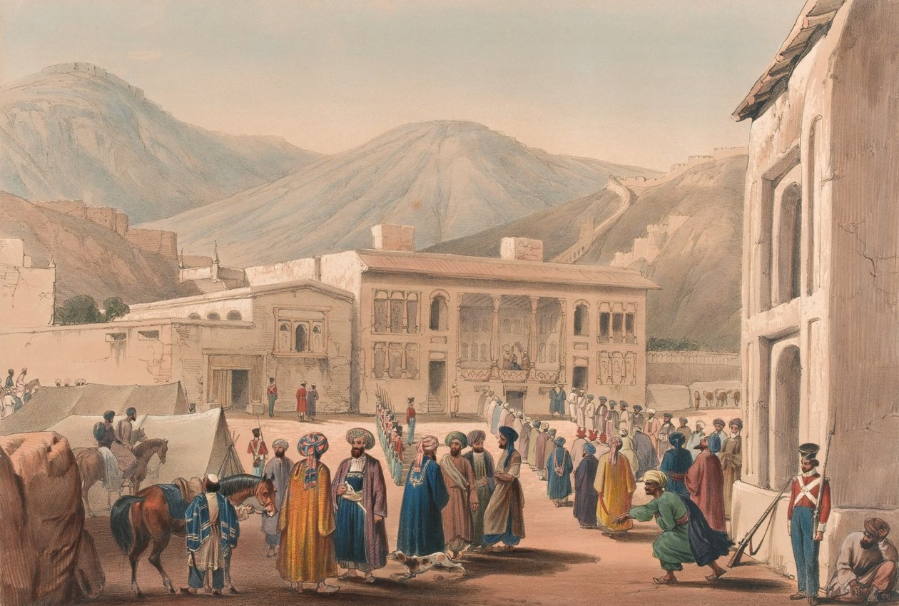 "دوربار خانه لشاه شوجا أول مالك ، في كابول [كذا]" ، حوالي ١٨٤٠ (طباعة حجرية ، ملون) بواسطة جيمس (بعد) أتكينسون