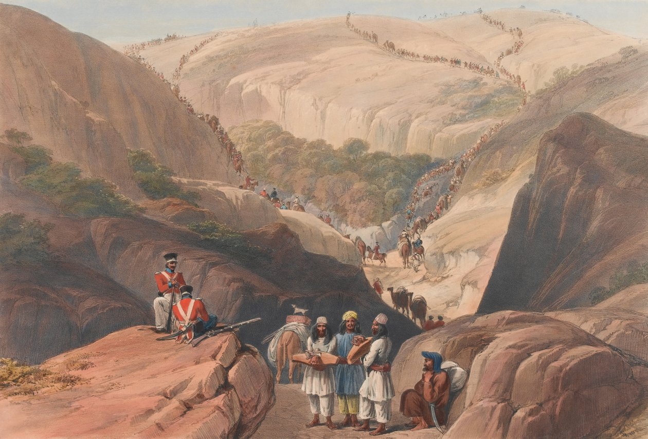 "النزول الأول عبر ممر كوجا [كذا]" ، حوالي عام 1839 (طباعة حجرية ، ملون) بواسطة جيمس (بعد) أتكينسون
