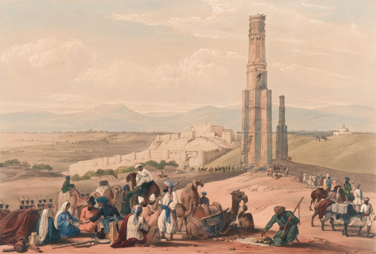 حصن وقلعة غوزني والمينار ، حوالي عام 1839 (مطبوعة حجرية ، ملونة) بواسطة جيمس (بعد) أتكينسون