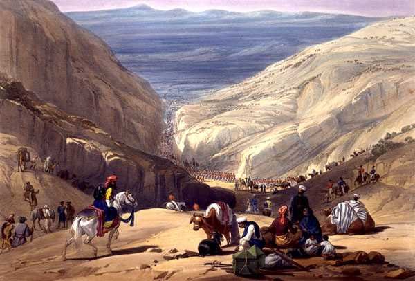 النزول الثاني عبر ممر كوجا ، من "اسكتشات في أفغونستان" ، نقشها تشارلز هاجي (1810-188) ولويس هاغي (1806-1885) ، نشره هنري جريفز بواسطة جيمس (بعد) أتكينسون
