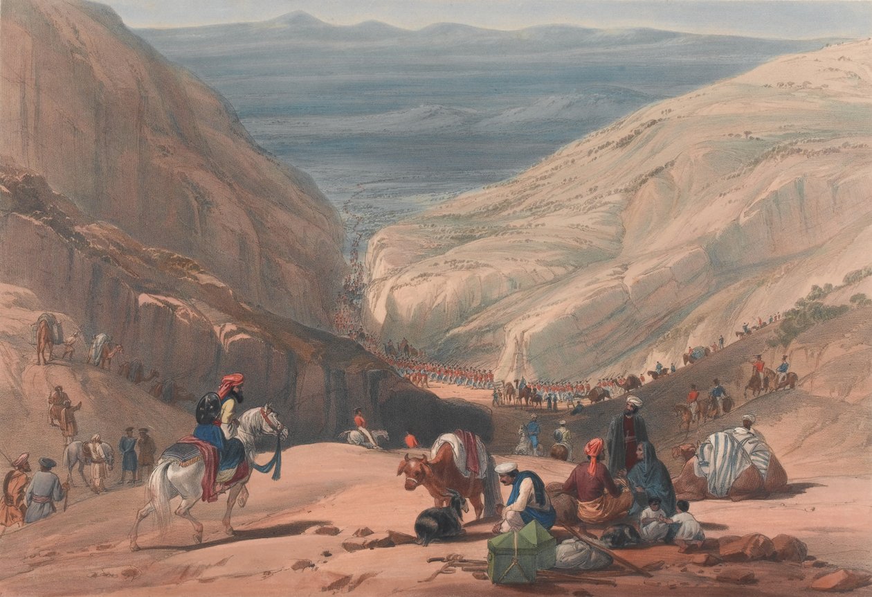 "النزول الثاني عبر ممر كوجا [كذا]" ، حوالي عام 1839 (طباعة حجرية ، ملون) بواسطة جيمس (بعد) أتكينسون