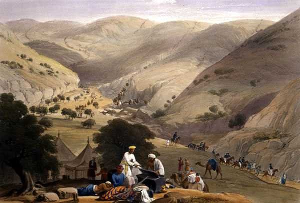 الانحدار الثالث لممر كوجا ، من "اسكتشات في أفغونستان" ، نقشها تشارلز هاجي (1810-188) ولويس هاغي (1806-1885) نشره هنري جريفز بواسطة جيمس (بعد) أتكينسون