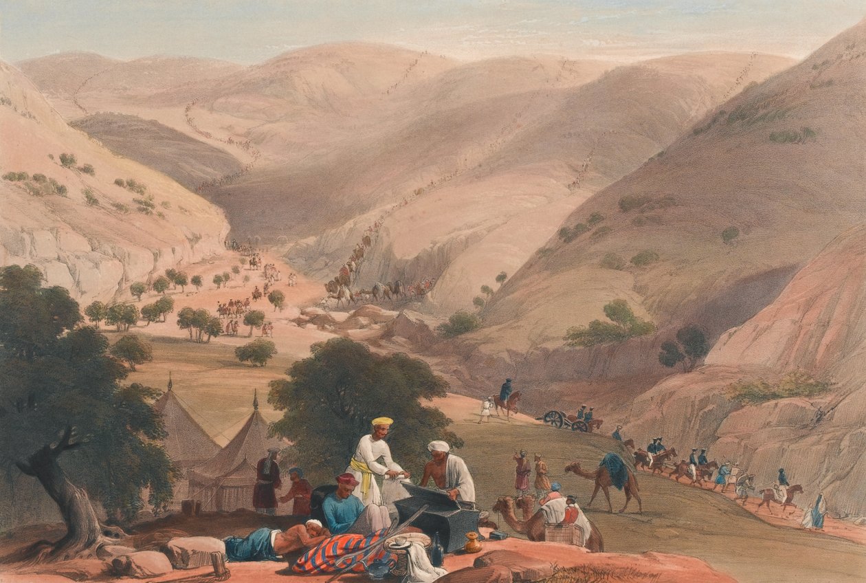 "The Third Descent of the Koojah Pass" ، حوالي عام 1839 (طباعة حجرية ، ملون) بواسطة جيمس (بعد) أتكينسون