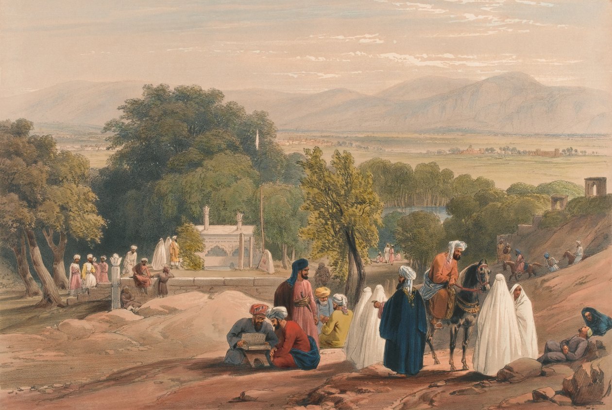 "قبر الإمبراطور بابر [كذا] ،" حوالي عام 1840 (مطبوعة حجرية ، ملونة) بواسطة جيمس (بعد) أتكينسون