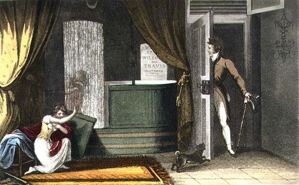 حوض الاستحمام ، لوحة من "رسومات تخطيطية لشعر سكاربورو" ، نقشها جوزيف قسطنطين ستادلر (1780-1812) حانة. 1813 (لون ليثو) بواسطة جيمس (بعد) جرين