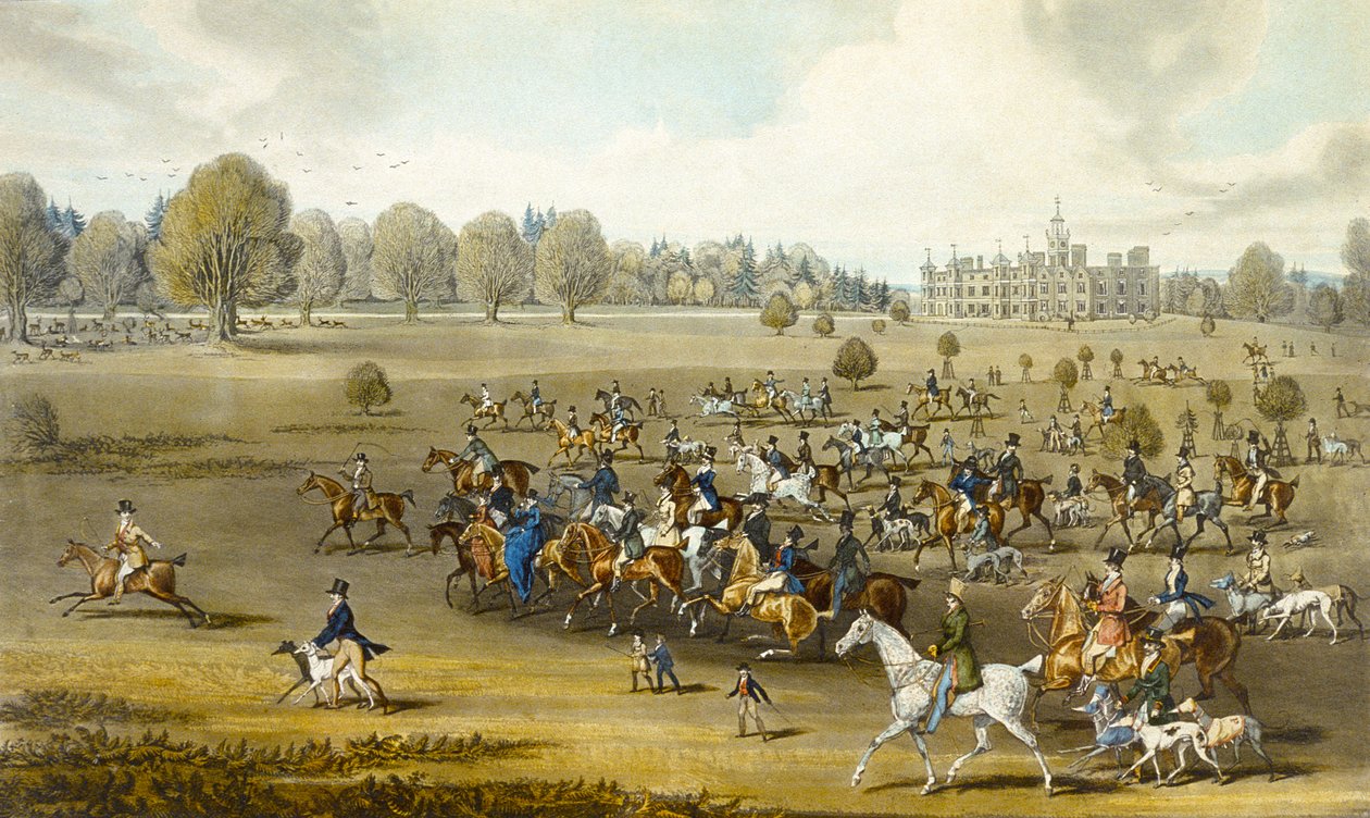 Coursers taking the Field at Hatfield Park, engraved by James Pollard (1797-1867) (colour litho) (see also 266807) بواسطة جيمس (بعد) بولارد