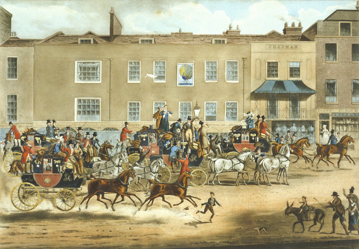 North Country Mails at The Peakcock, Islington (coloured litho) بواسطة جيمس (بعد) بولارد