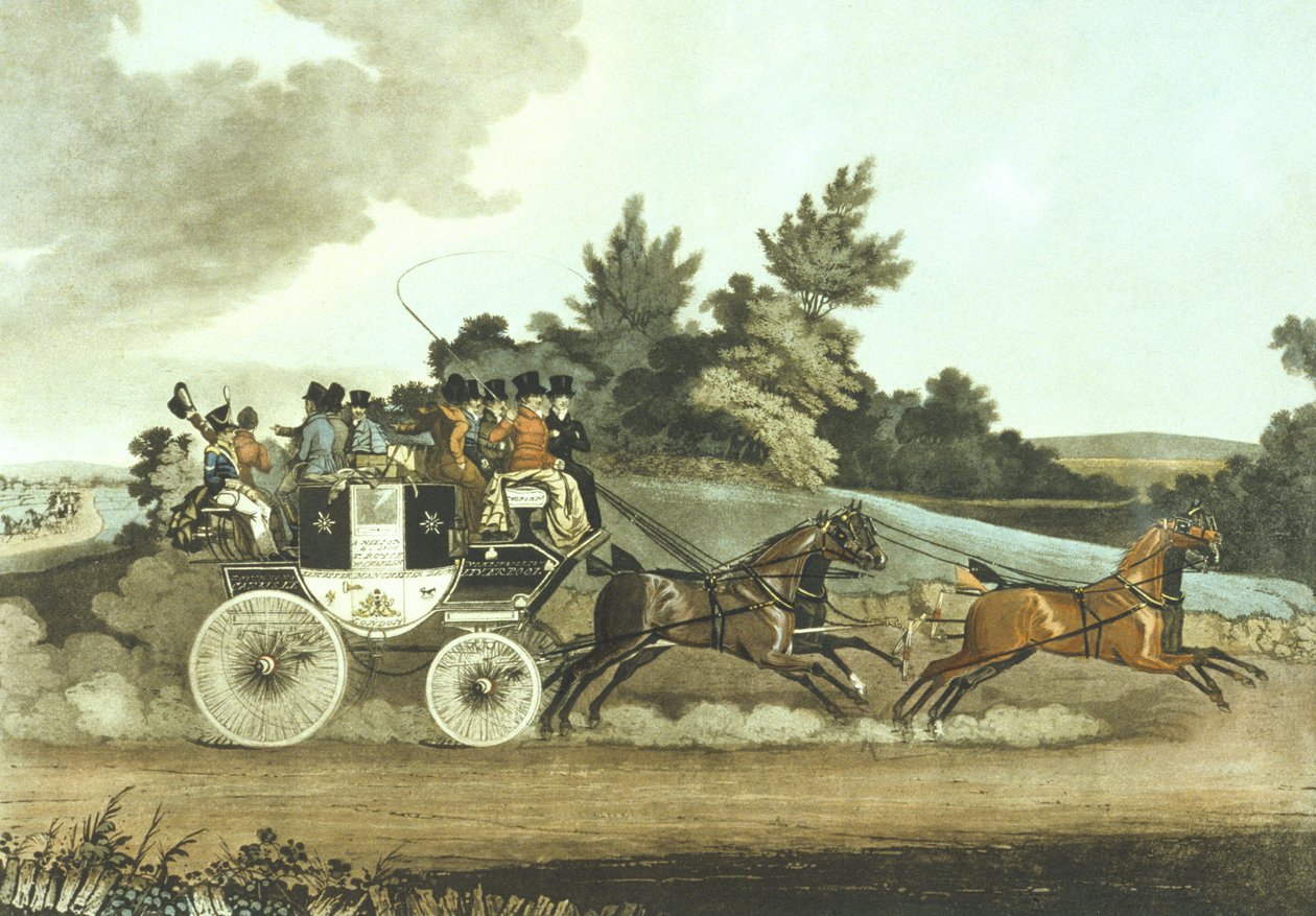 Stage Coach and Opposition Coach in Sight (coloured litho) بواسطة جيمس (بعد) بولارد