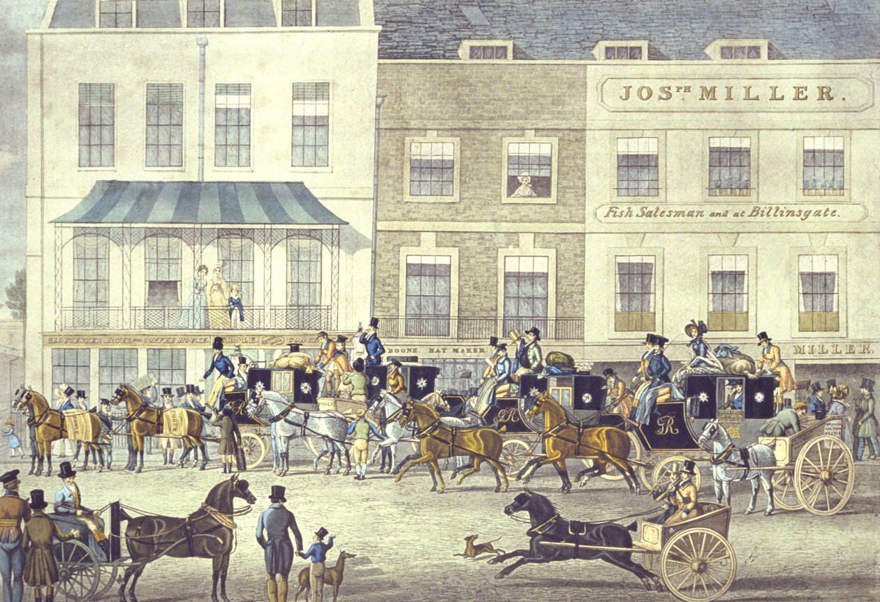 West Country Mail في Gloucester Coffee House ، Piccadilly ، نقش بواسطة C. Rosenberg (ليثو ملون) بواسطة جيمس (بعد) بولارد