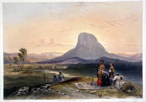 'Bullock's Hump' والمعسكرات العسكرية ، قندهار ، اللوحة 26 من 'المناظر الطبيعية والسكان والأزياء الأفغانية' ، نقشها ر. كاريك (1829-1904) بواسطة جيمس (بعد) راتراي
