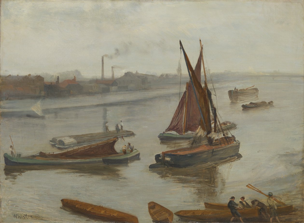 الرمادي والفضي: Old Battersea Reach ، ١٨٦٣. بواسطة جيمس أبوت ماكنيل ويسلر
