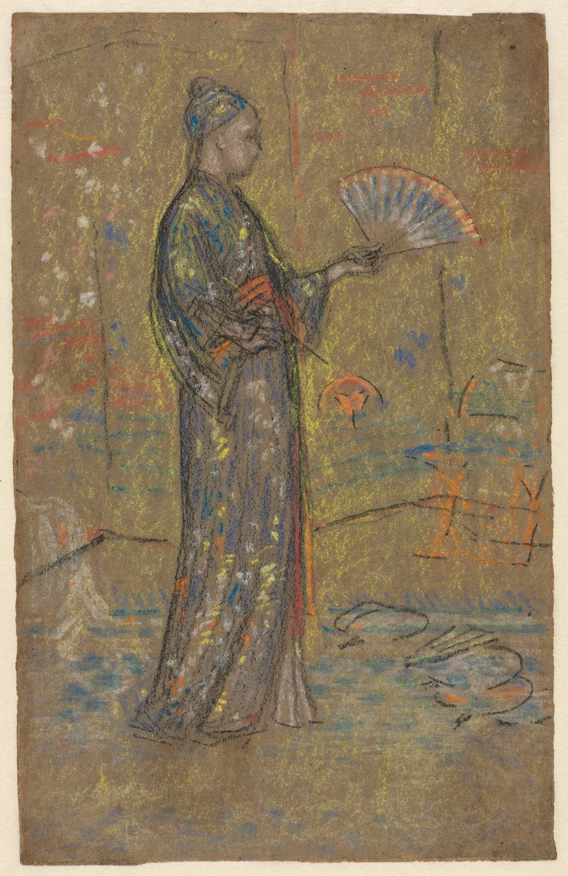 امرأة يابانية ترسم مروحة مستقيمة ، امرأة واقفة تمسك فستانها بالعكس ، ج. 1872. بواسطة جيمس أبوت ماكنيل ويسلر