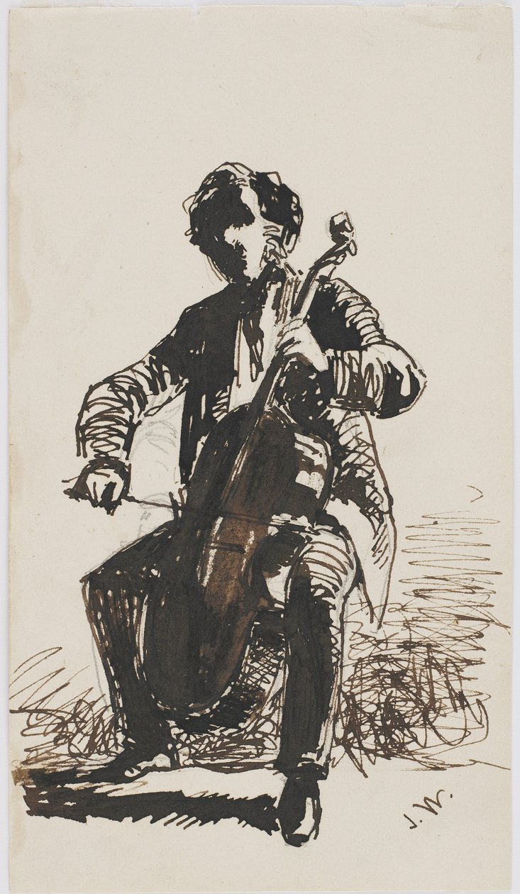السير سيمور هادن يعزف على التشيلو ، c.1855 (قلم رصاص وقلم وحبر على ورق بيج) بواسطة جيمس أبوت ماكنيل ويسلر