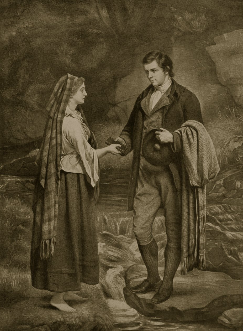 خطوبة روبرت بيرنز وهايلاند ماري ، 1785 ، رسم توضيحي من "قصة هتشنسون عن الأمة البريطانية" ، ج .1923 بواسطة جيمس آرتشر