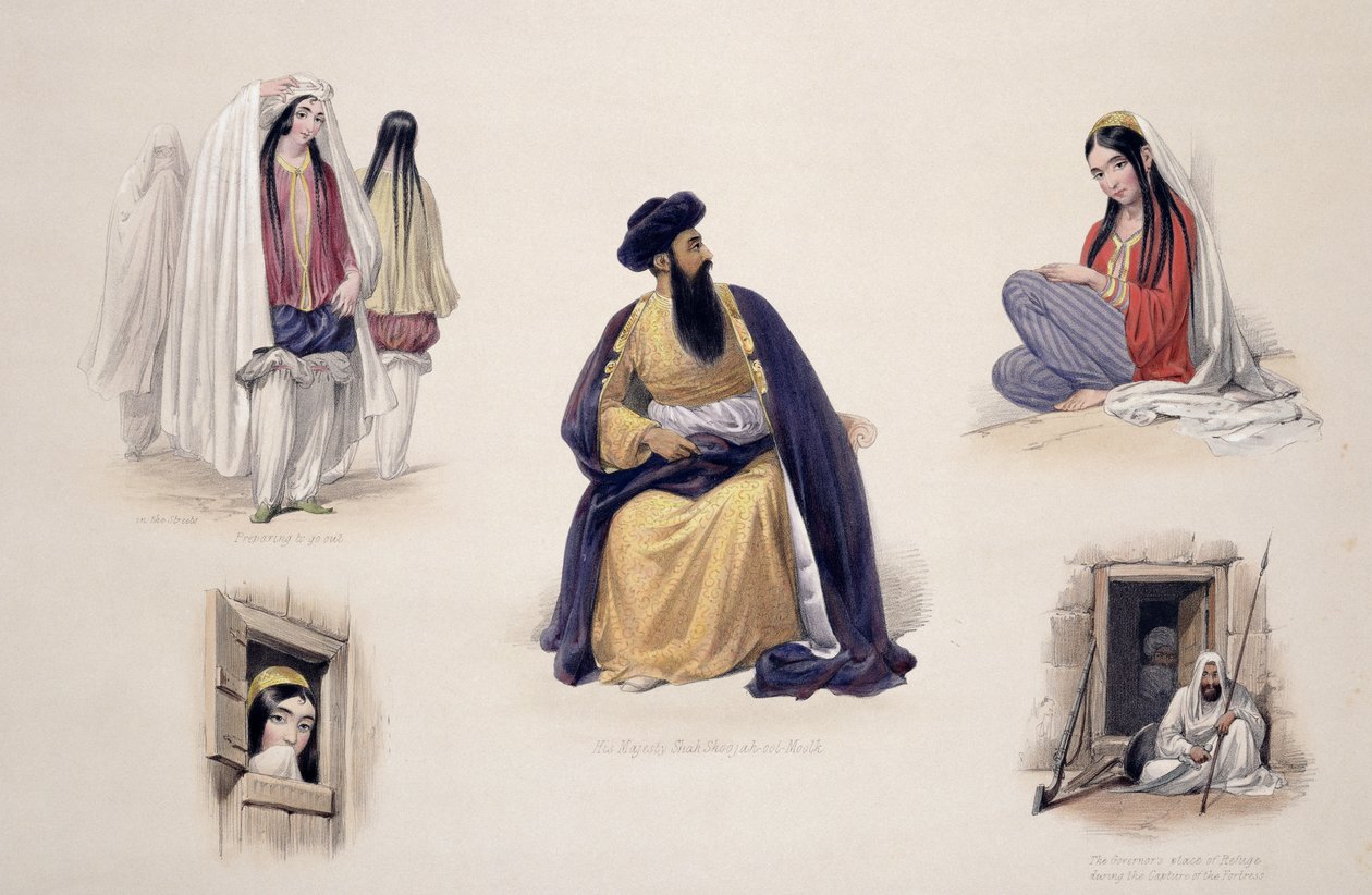صورة لصاحب الجلالة شاه-سوجه-أول-مولك (1780-1842) ، من "اسكتشات في أفغانستان" ، نقشها تشارلز هاغي (1810-1888) ولويس هاغي (1806-1885) ، نشرها هنري جريفز ، 1842 ( مضاءة اللون بواسطة جيمس أتكينسون