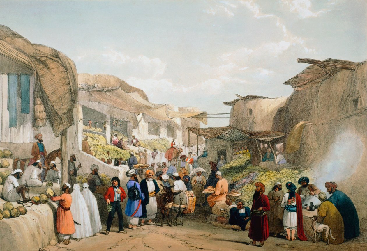 بازار في كابول خلال موسم الفاكهة ، الحرب الأنغلو-أفغانية الأولى ، 1838-1842 بواسطة جيمس أتكينسون
