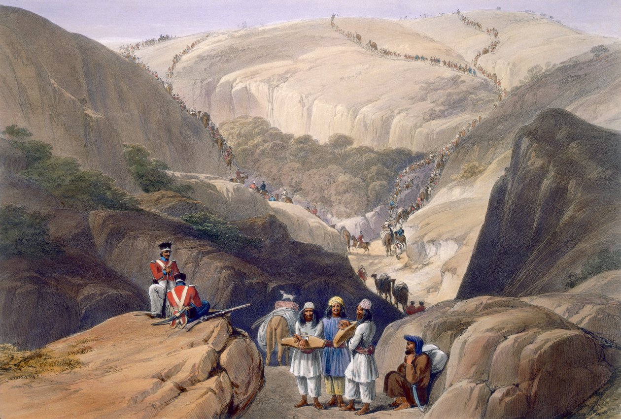 النسب الأول عبر ممر كوجا ، من "اسكتشات في أفغانستان" ، نقشها تشارلز هاغي (1810-1888) ولويس هاغي (1806-1885) نشرها هنري جريفز ، 1842 بواسطة جيمس أتكينسون