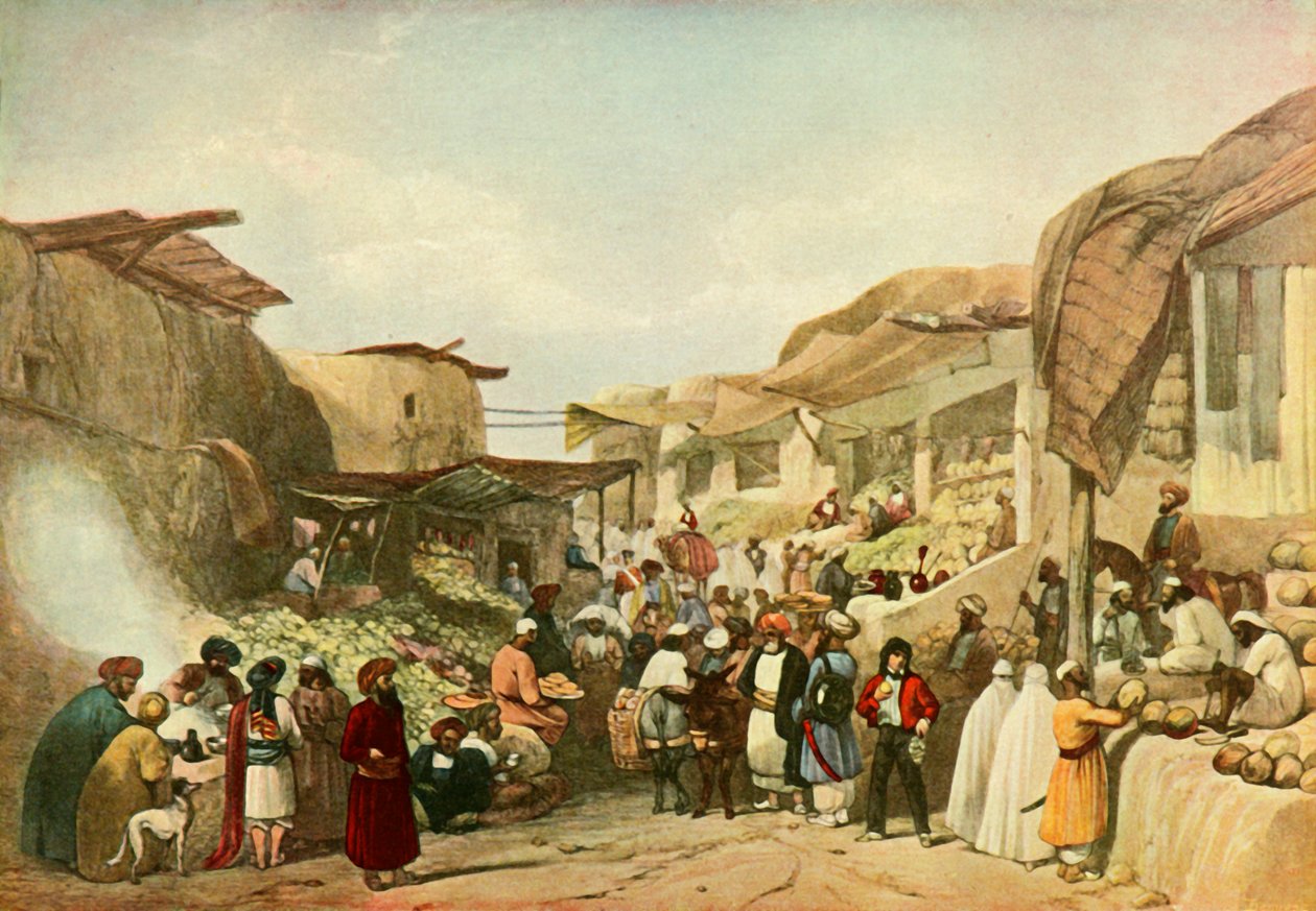 الشارع الرئيسي في البازار في كابول في موسم الفاكهة ، c1840 ، 1901. بواسطة جيمس أتكينسون