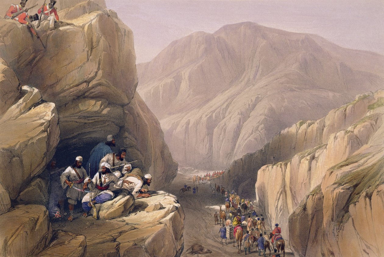 الممر البري لسيري كاجور ، من "اسكتشات في أفغانستان" ، نقشها تشارلز هاغي (1810-1888) ولويس هاغي (1806-1885) ، نشره هنري جريفز ، 1842 بواسطة جيمس أتكينسون