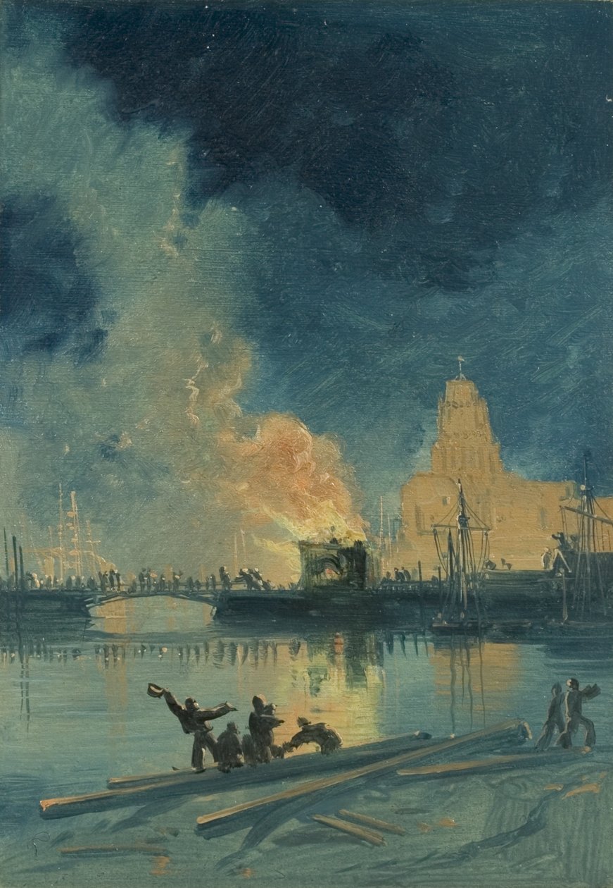 أعمال شغب بريستول: Burning Toll House on Prince Street Bridge ، حوالي عام 1832 (زيت على ورق) بواسطة جيمس بيكر باين