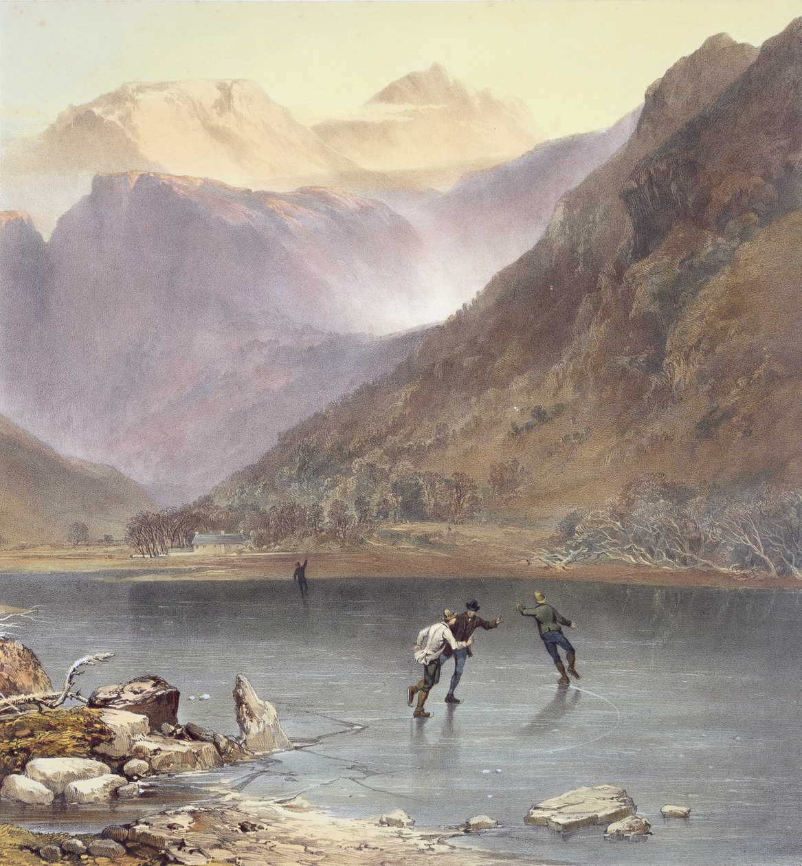 Brothers Water ، تفاصيل المتزلجين على الجليد ، من منطقة البحيرة الإنجليزية ، 1853 litho تفاصيل 90428 بواسطة جيمس بيكر باين