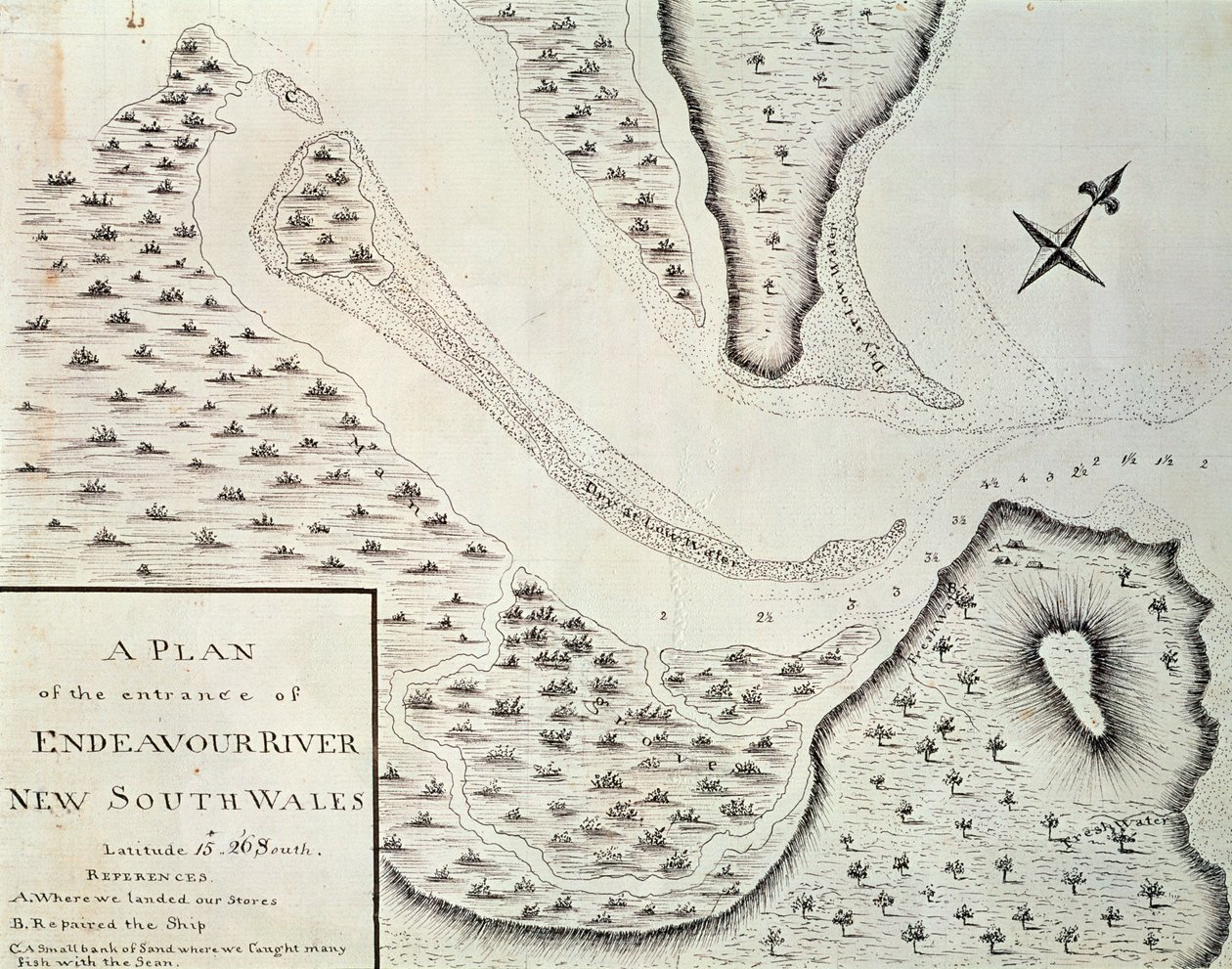 خريطة مدخل نهر إنديفور ، خريطة من حساب الرحلة الأولى التي قادها جيمس كوك (1728-1779) بين 1768 و 1771 ، أستراليا بواسطة جيمس كوك