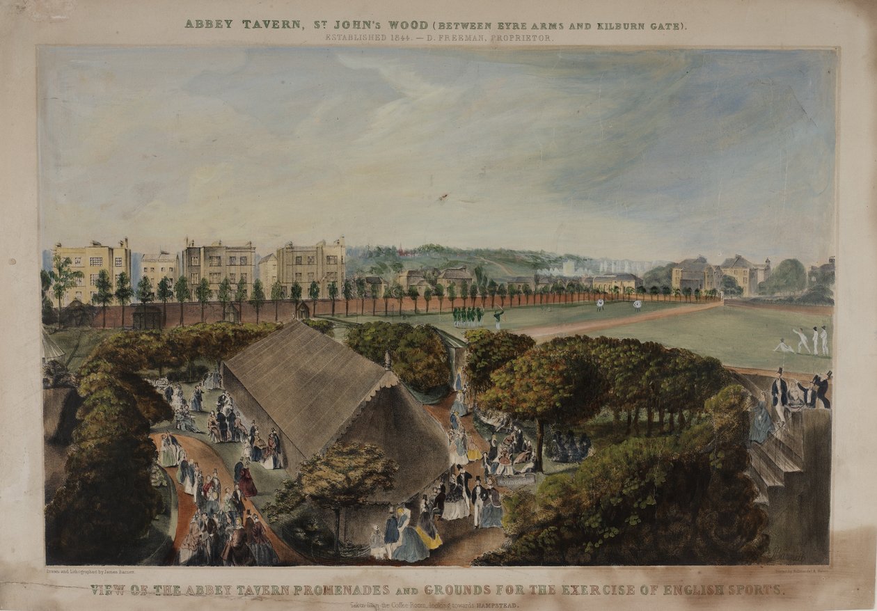منظر لمتنزهات وأراضي Abbey Taverns ، فيوليت هيل ، مارليبون ، عام 1870 بواسطة جيمس د بارنيت