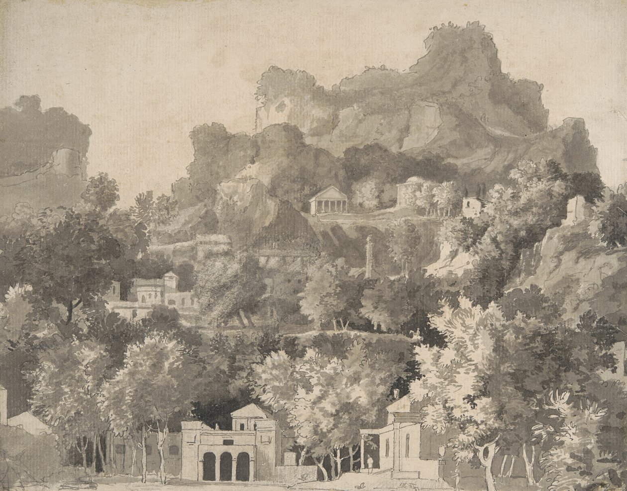 المناظر الطبيعية الصخرية مع المباني الكلاسيكية ، c.1745 (قلم وحبر مع غسل على الورق) بواسطة جيمس ديكون