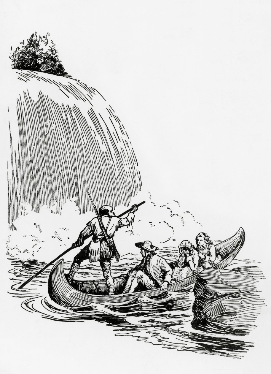 الشخصيات الرئيسية في زورق بجانب شلال ، رسم توضيحي لـ The Last of the Mohicans بواسطة James Fenimore Cooper ، Principato Editore ، ميلان بواسطة جيمس فينيمور كوبر